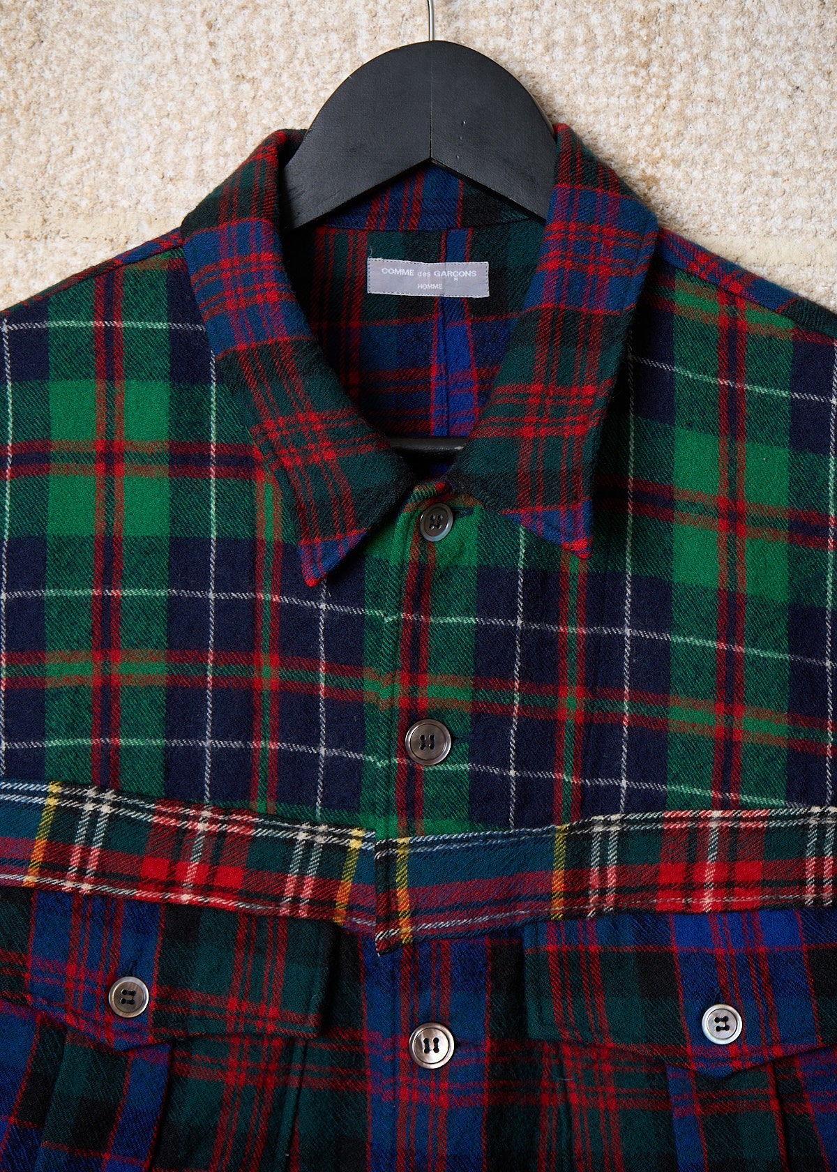 CDG HOMME MULTICOLOR PLAID PATCHWORK FLANNEL OVERSHIRT AW2001 - MEDIUM