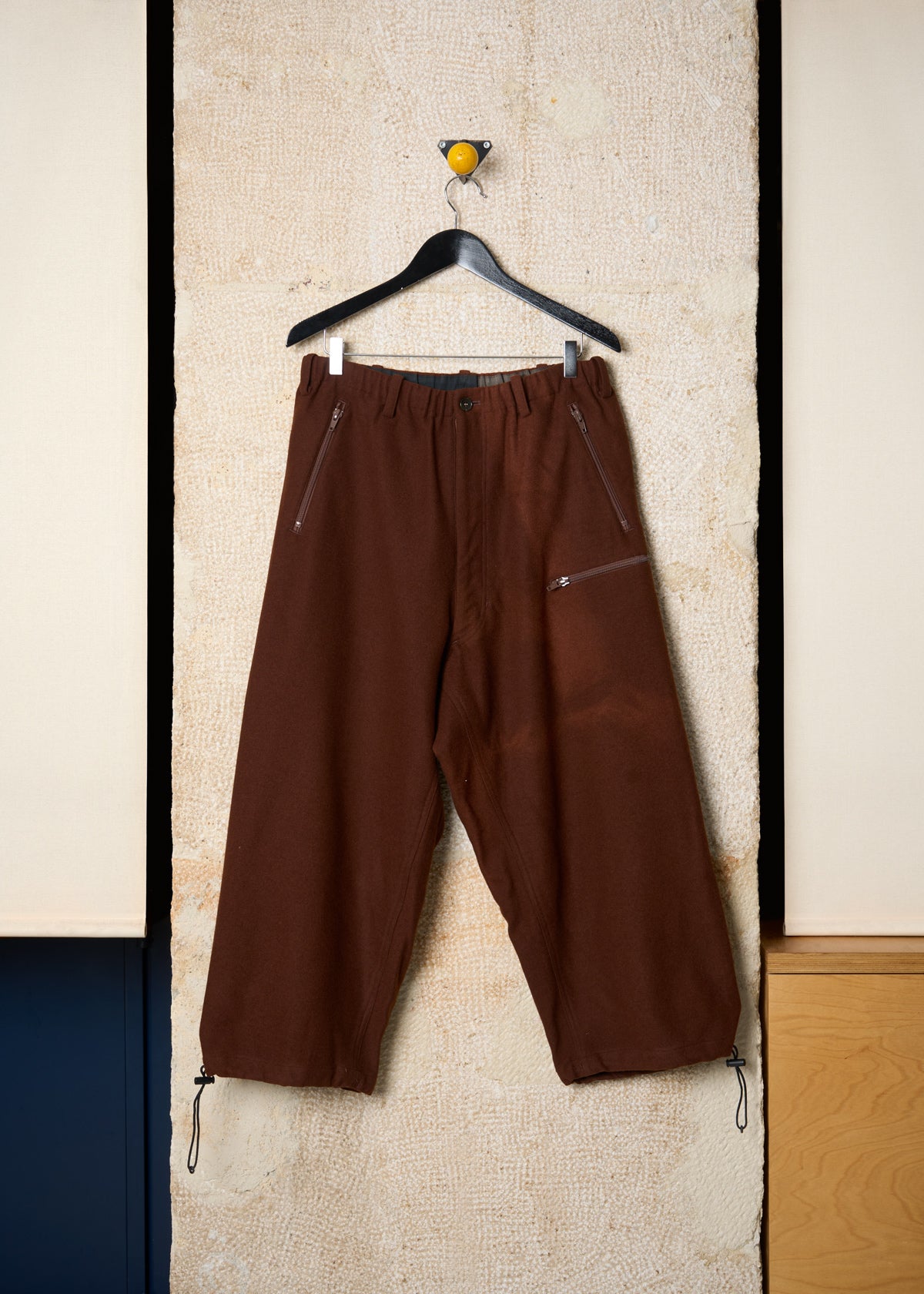 Y'S FOR MEN BROWN ANGORA WOOL 3 ZIP WIDE PANTS 2018 - 2