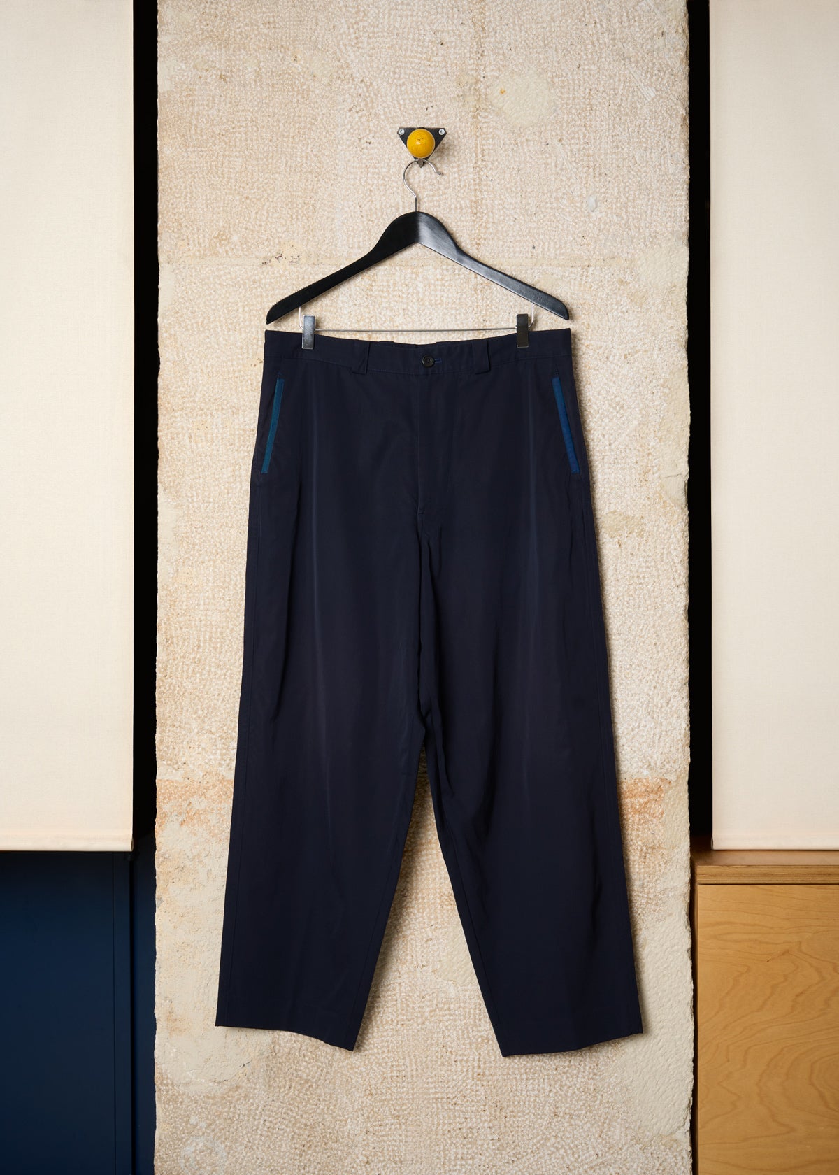 POUR HOMME NAVY BLUE POCKET BANDS WIDE DRESS PANTS 1990'S - MEDIUM