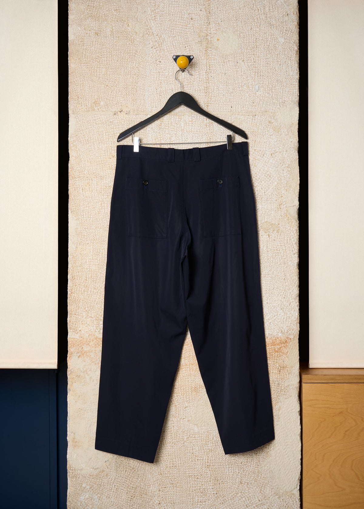 POUR HOMME NAVY BLUE POCKET BANDS WIDE DRESS PANTS 1990'S - MEDIUM