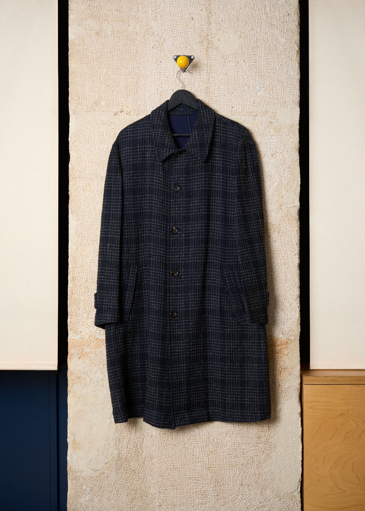 HOMME NAVY TEXTURED GRID BALMACAAN COAT AW1997 - MEDIUM