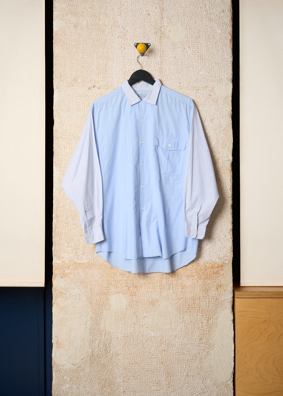 HOMME SKY BLUE GRID SLEEVES AND COLLAR COTTON SHIRT  1990'S - MEDIUM