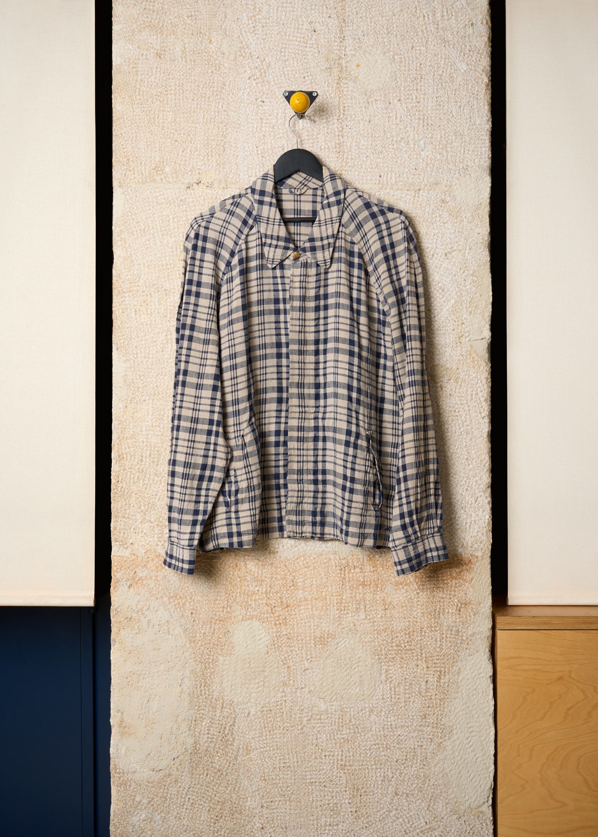 HOMME LINEN PLAID HIDDEN BUTTONS JACKET 1980'S - LARGE