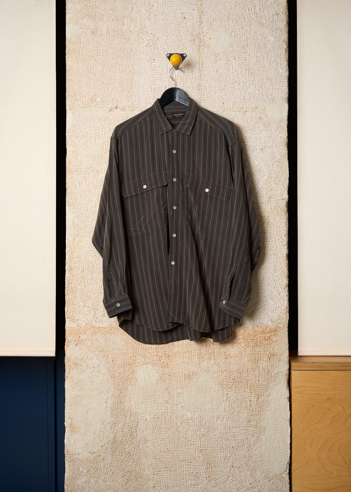 HOMME PLUS BROWN GREY STRIPED TWO POCKETS RAYON SHIRT 1980'S - LARGE