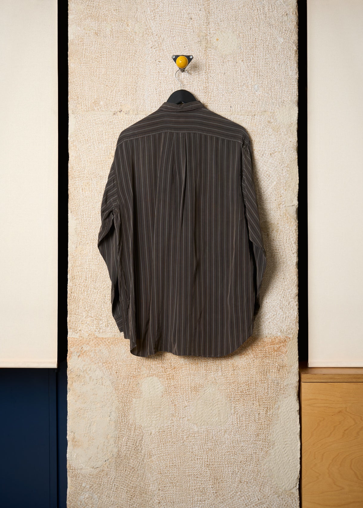 HOMME PLUS BROWN GREY STRIPED TWO POCKETS RAYON SHIRT 1980'S - LARGE