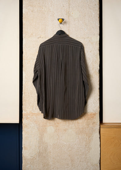 HOMME PLUS BROWN GREY STRIPED TWO POCKETS RAYON SHIRT 1980'S - LARGE