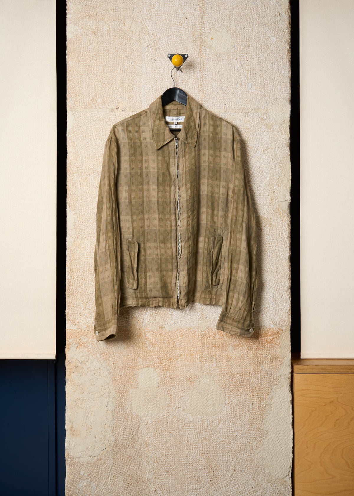 SHIRT OLIVE BEIGE LINEN SQUARES TEXTURED ZIP JACKET 1990'S - MEDIUM