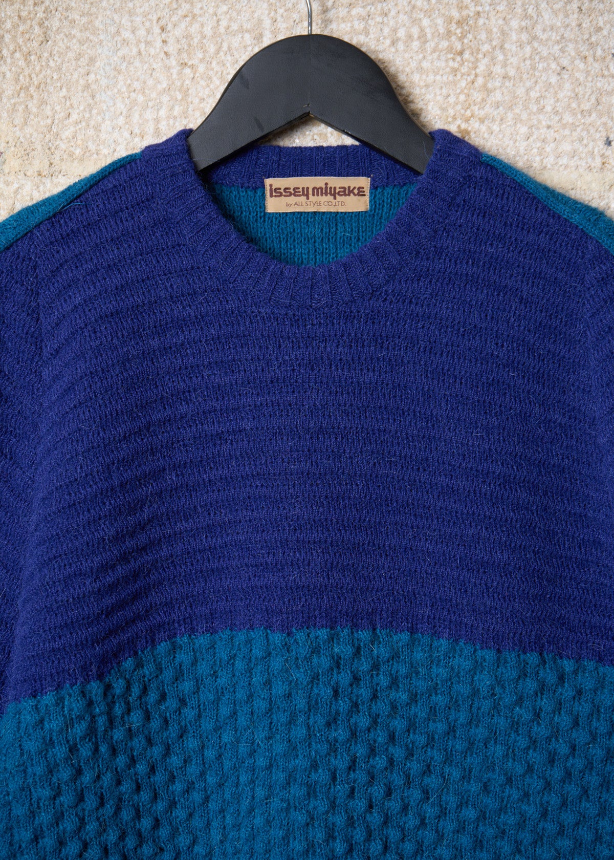 All Style Blue Two Tones Mixed Pattern Crewneck Jumper 1970's - Small