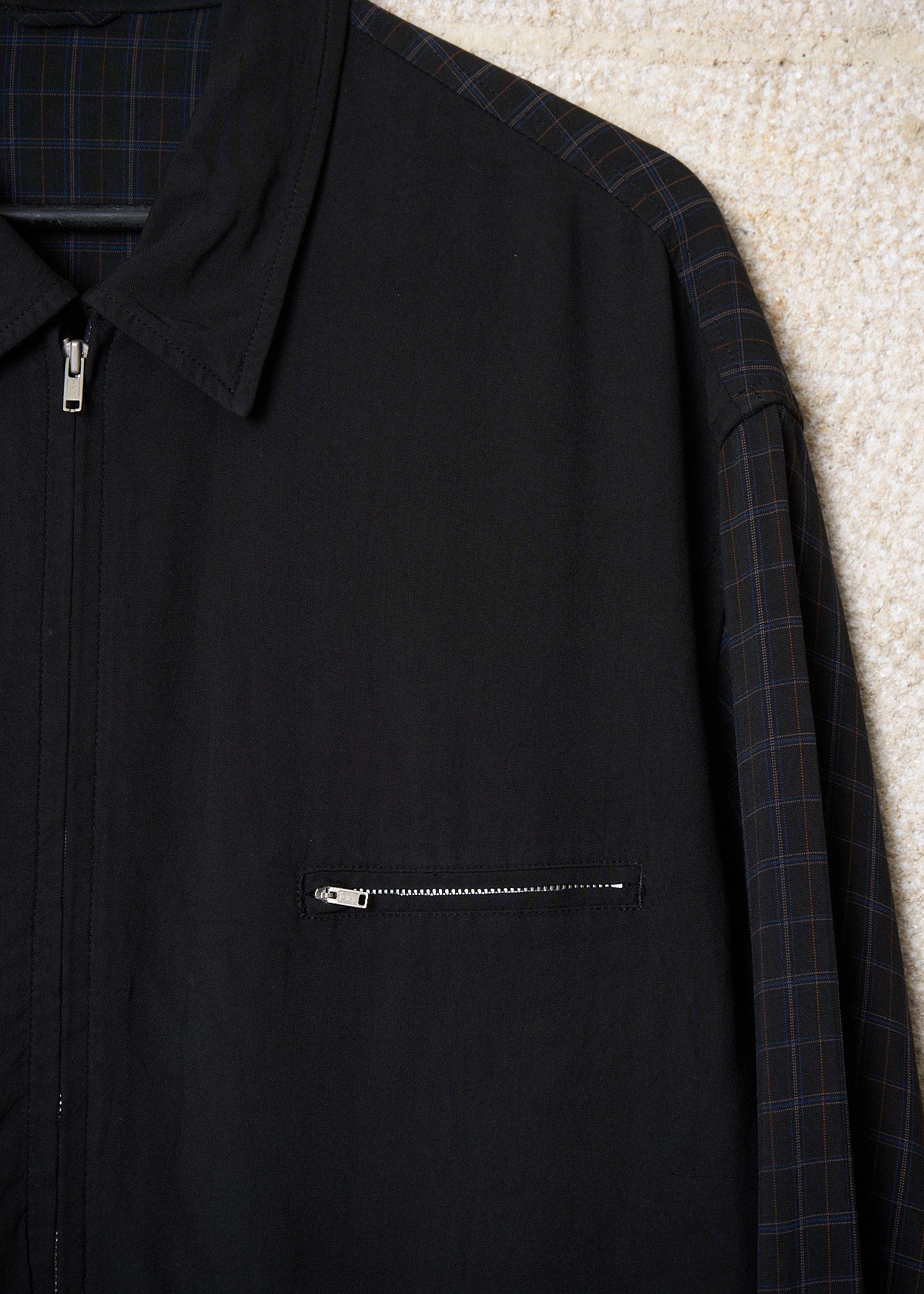 CDG Homme Black Checkered Sleeves And Back Rayon Work Jacket 1980's - Medium