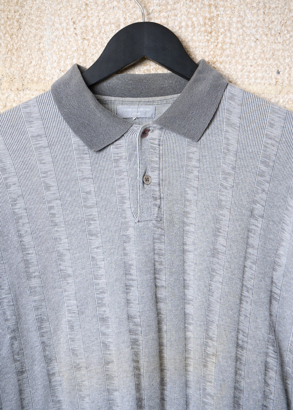 CDG Homme Grey Striped Cotton Polo 1990's - Medium