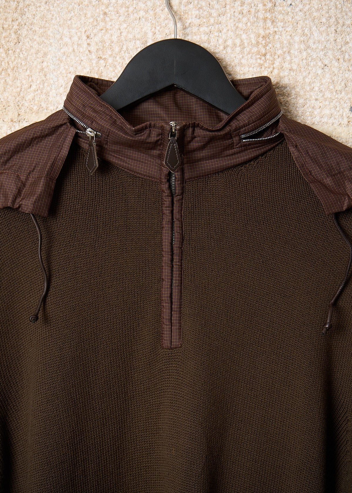 Brown Merino Wool Jumper With Nylon Hood 2000's - Large