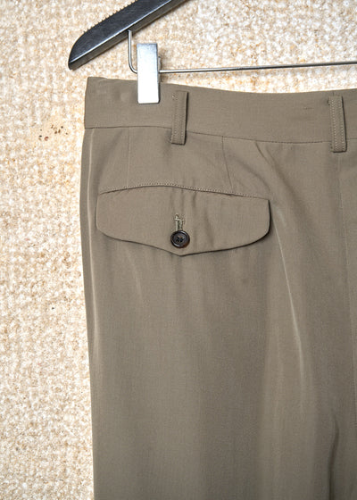 HOMME OLIVE SATEEN SOFT WOOL PLEATED PANTS 1991 - LARGE