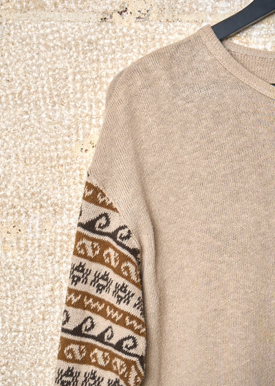 HOMME BEIGE ETHNIC PATTERN SLEEVES V NECK JUMPER 1997 - MEDIUM