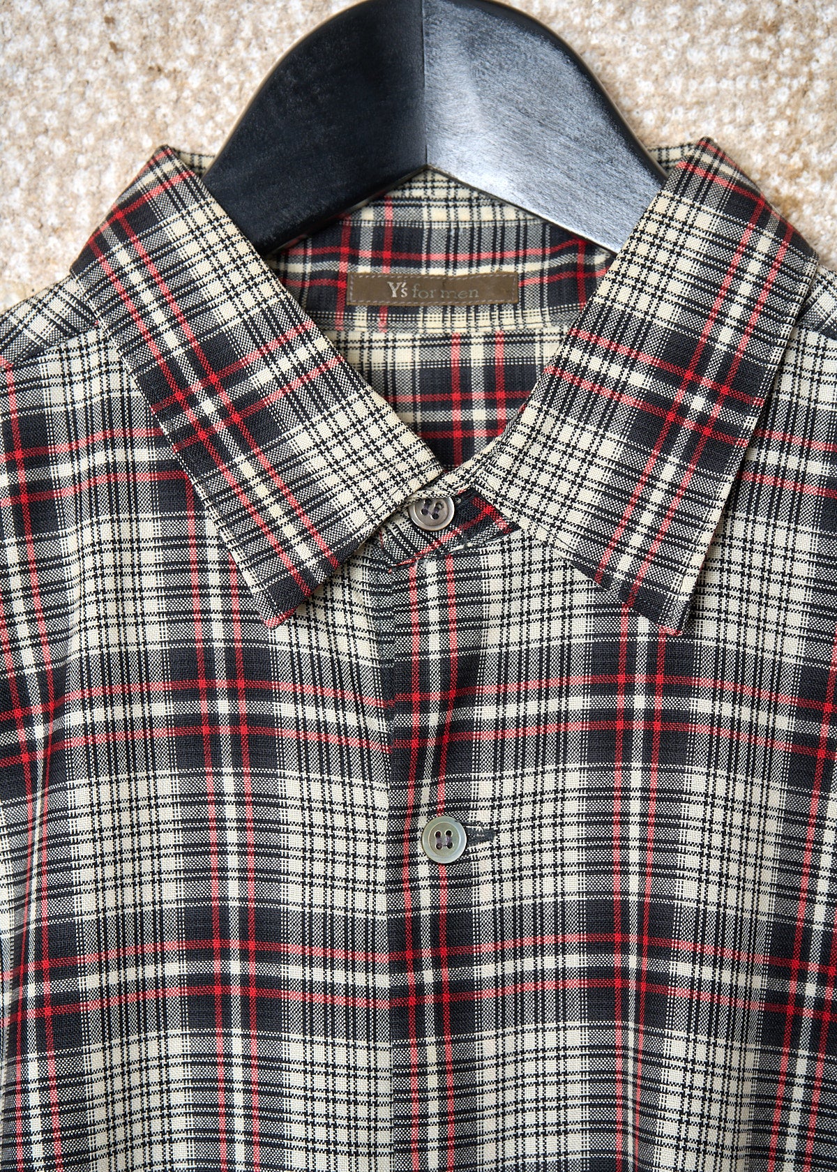 Y'S FOR MEN BLACK WHITE RED PLAID LIGHT WOOL SHIRT 2000'S - LARGE