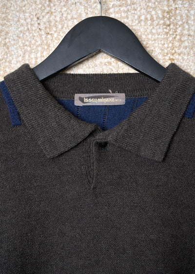 GREY NAVY 3D SLEEVES KNIT POLO 1980's - LARGE