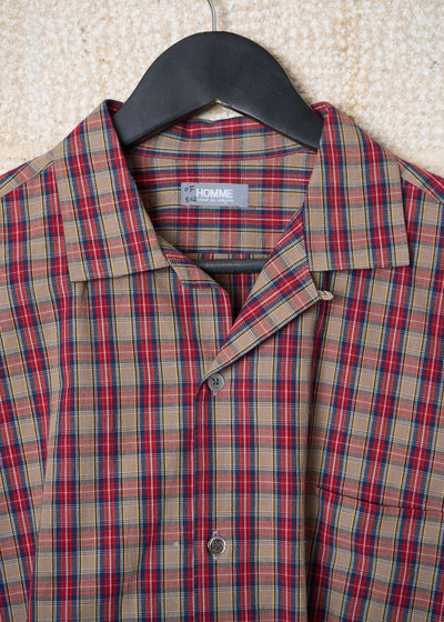 HOMME RED BROWN BLUE TEXTURED COTTON PLAID SHIRT 1980'S - LARGE