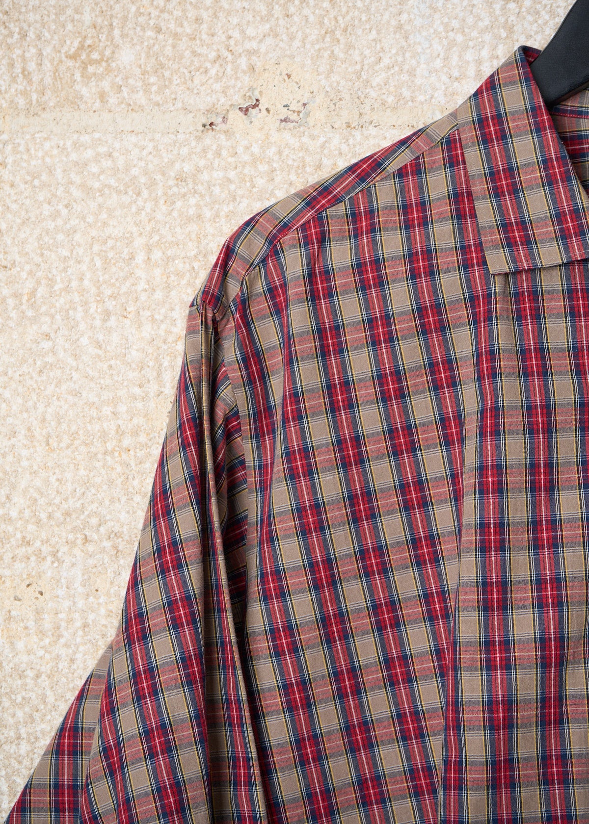 HOMME RED BROWN BLUE TEXTURED COTTON PLAID SHIRT 1980'S - LARGE