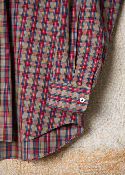 HOMME RED BROWN BLUE TEXTURED COTTON PLAID SHIRT 1980'S - LARGE