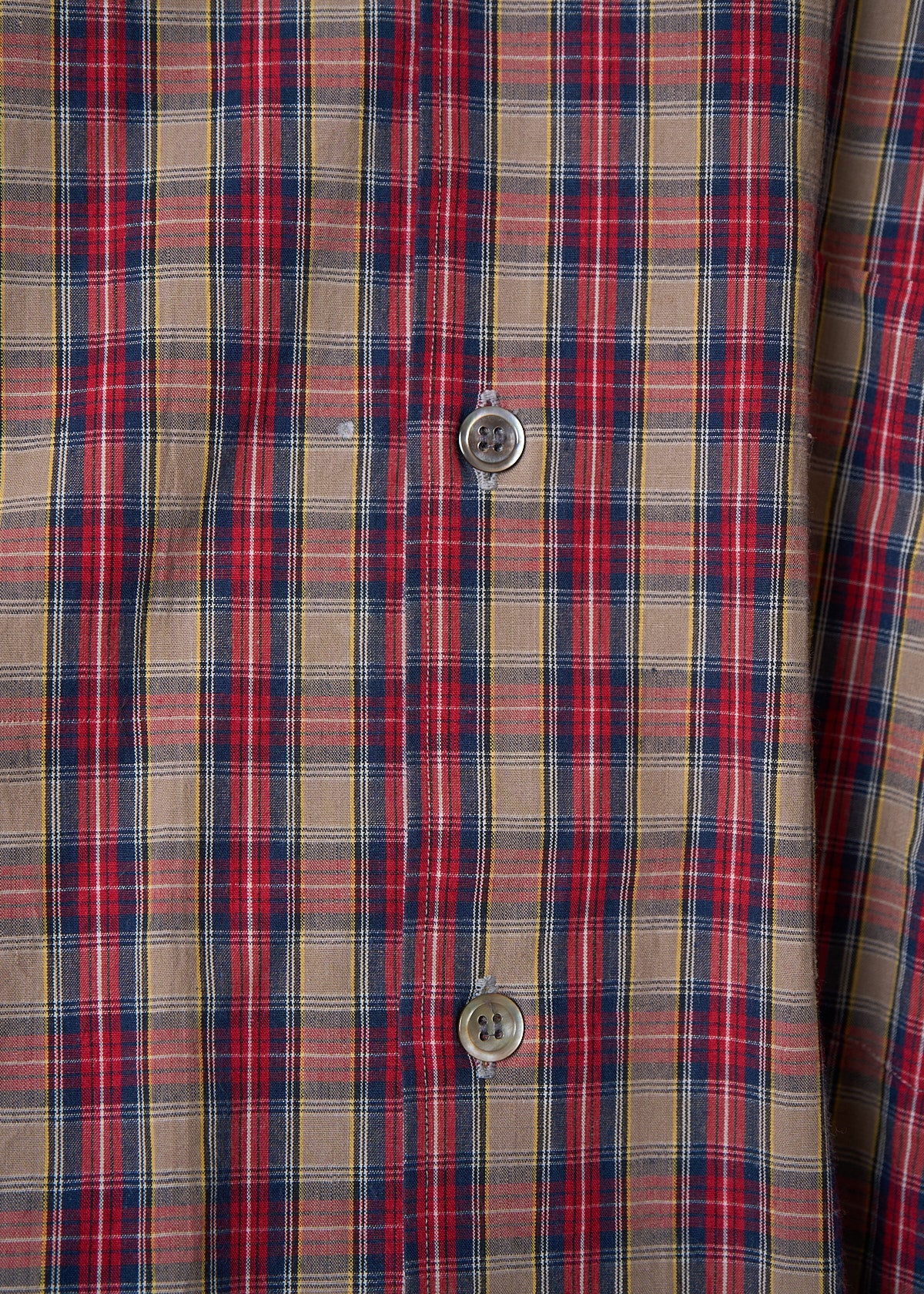 HOMME RED BROWN BLUE TEXTURED COTTON PLAID SHIRT 1980'S - LARGE