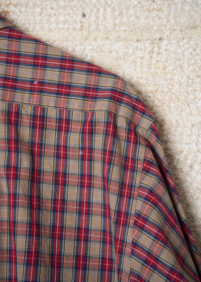 HOMME RED BROWN BLUE TEXTURED COTTON PLAID SHIRT 1980'S - LARGE