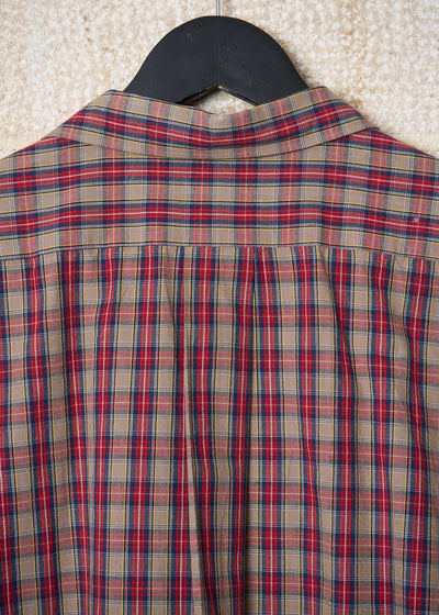 HOMME RED BROWN BLUE TEXTURED COTTON PLAID SHIRT 1980'S - LARGE