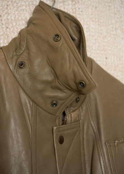 HAI OLIVE ASSYMETRICAL POCKETS  LONG LEATHER JACKET 1980'S - LARGE