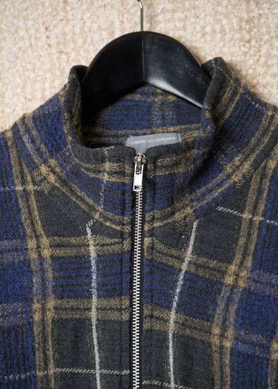 HOMME GREEN BLUE TARTAN PLAID BOILED WOOL ZIP CARDIGAN AW2002 - MEDIUM