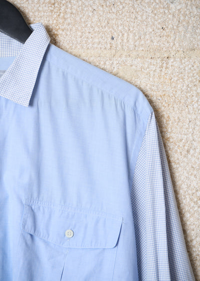 HOMME SKY BLUE GRID SLEEVES AND COLLAR COTTON SHIRT  1990'S - MEDIUM