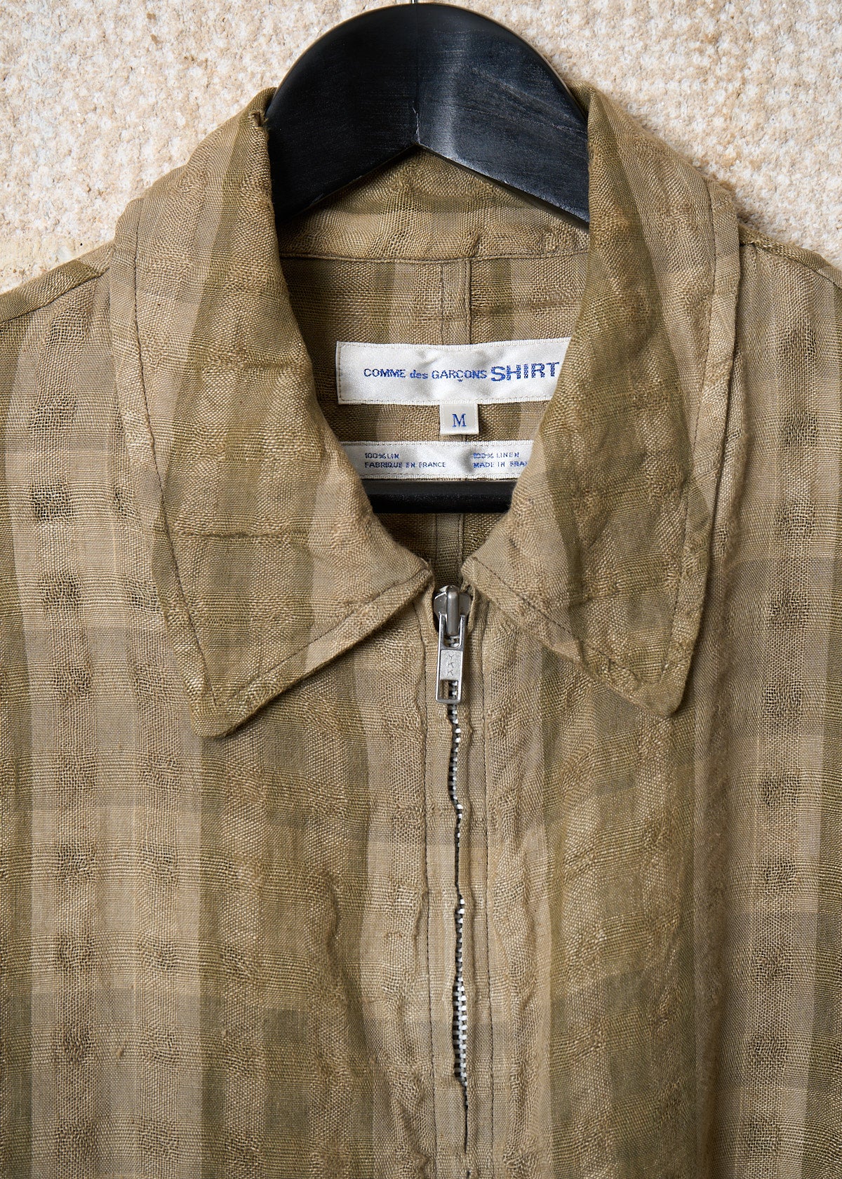SHIRT OLIVE BEIGE LINEN SQUARES TEXTURED ZIP JACKET 1990'S - MEDIUM
