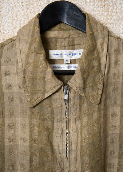 SHIRT OLIVE BEIGE LINEN SQUARES TEXTURED ZIP JACKET 1990'S - MEDIUM