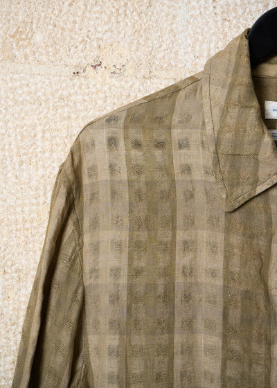 SHIRT OLIVE BEIGE LINEN SQUARES TEXTURED ZIP JACKET 1990'S - MEDIUM