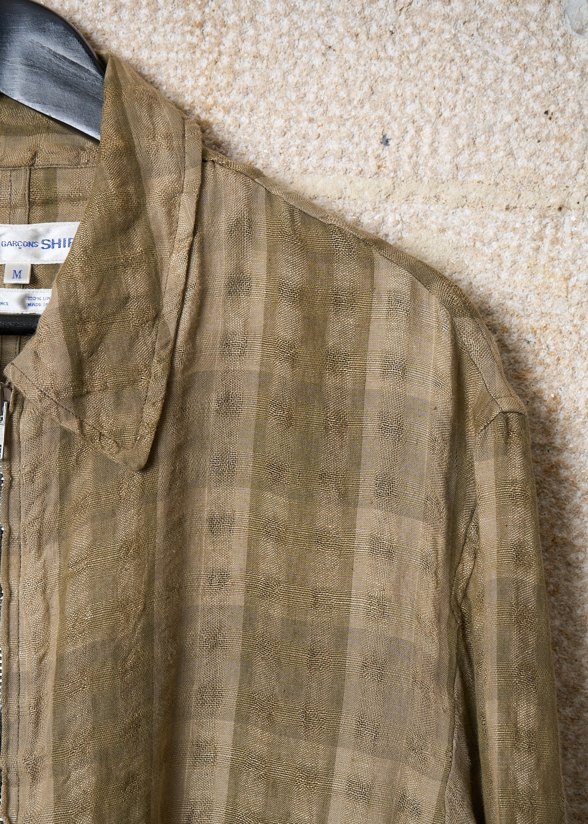 SHIRT OLIVE BEIGE LINEN SQUARES TEXTURED ZIP JACKET 1990'S - MEDIUM