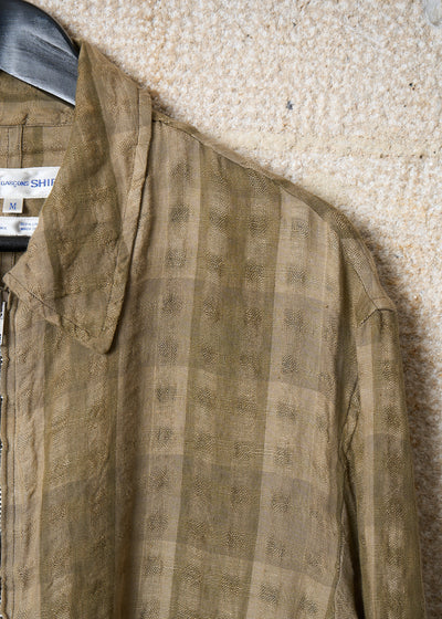SHIRT OLIVE BEIGE LINEN SQUARES TEXTURED ZIP JACKET 1990'S - MEDIUM