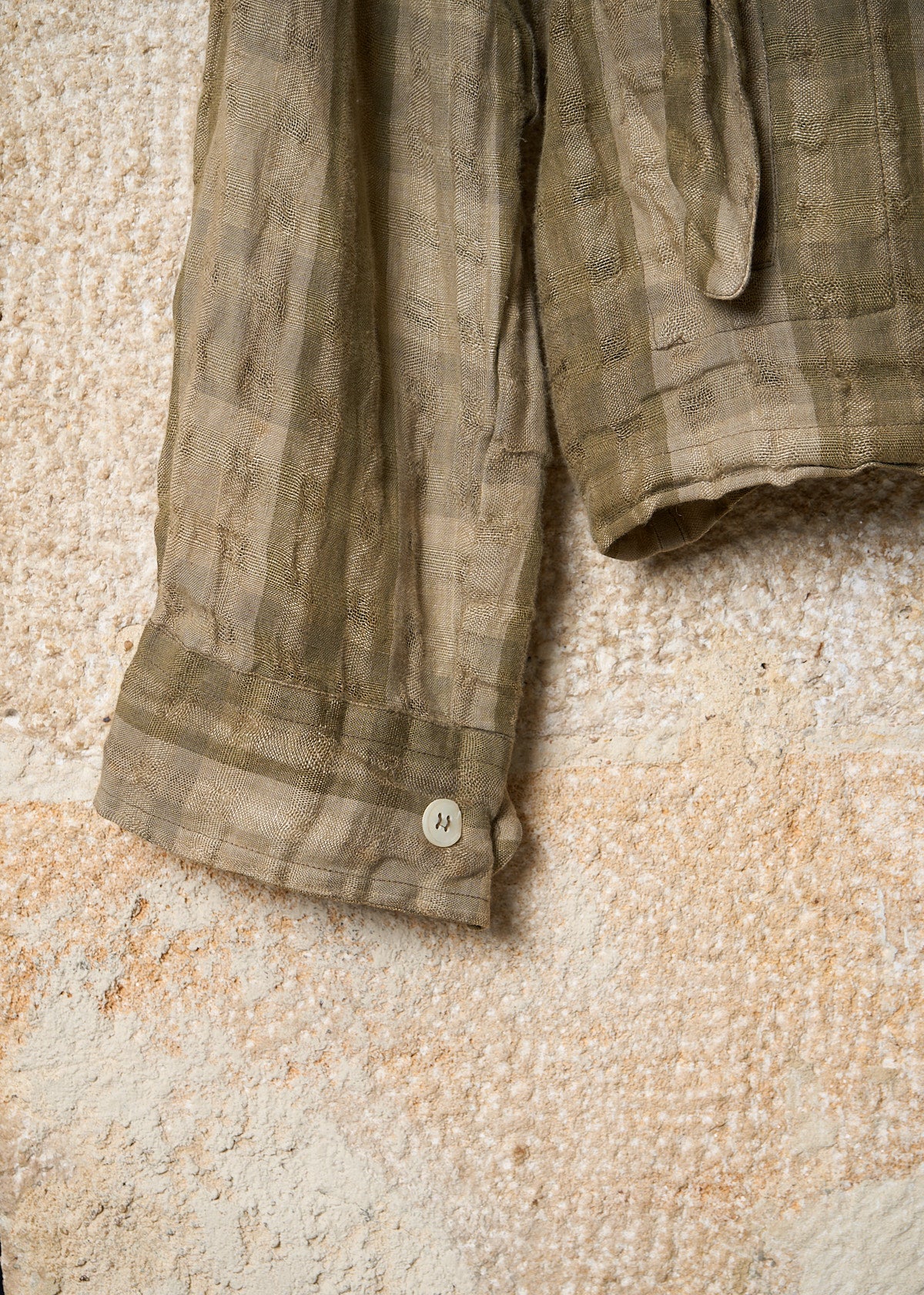 SHIRT OLIVE BEIGE LINEN SQUARES TEXTURED ZIP JACKET 1990'S - MEDIUM