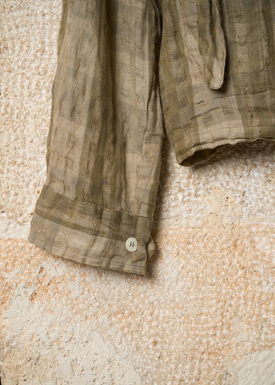 SHIRT OLIVE BEIGE LINEN SQUARES TEXTURED ZIP JACKET 1990'S - MEDIUM