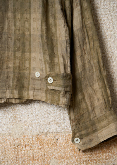 SHIRT OLIVE BEIGE LINEN SQUARES TEXTURED ZIP JACKET 1990'S - MEDIUM
