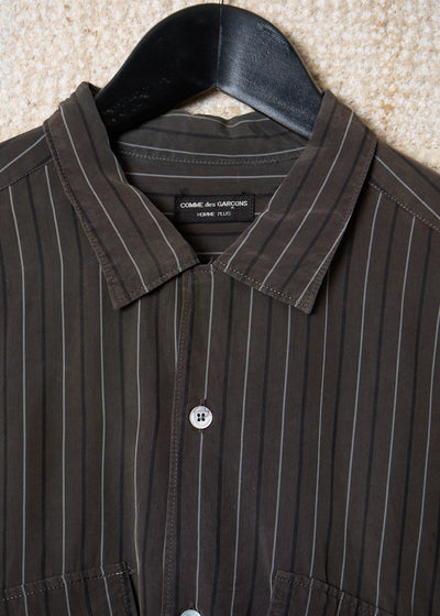 HOMME PLUS BROWN GREY STRIPED TWO POCKETS RAYON SHIRT 1980'S - LARGE