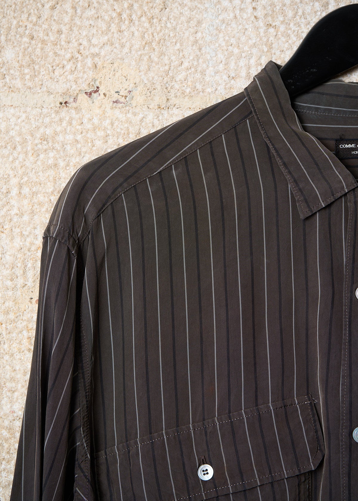 HOMME PLUS BROWN GREY STRIPED TWO POCKETS RAYON SHIRT 1980'S - LARGE