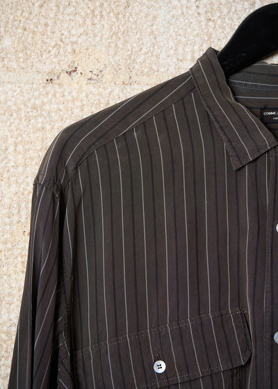 HOMME PLUS BROWN GREY STRIPED TWO POCKETS RAYON SHIRT 1980'S - LARGE