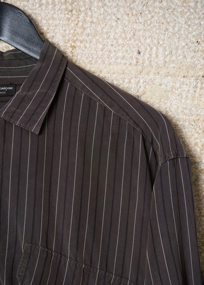 HOMME PLUS BROWN GREY STRIPED TWO POCKETS RAYON SHIRT 1980'S - LARGE