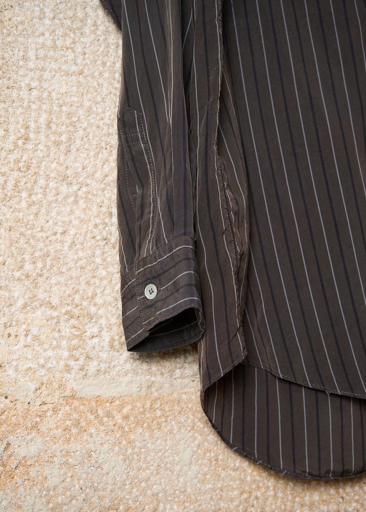 HOMME PLUS BROWN GREY STRIPED TWO POCKETS RAYON SHIRT 1980'S - LARGE