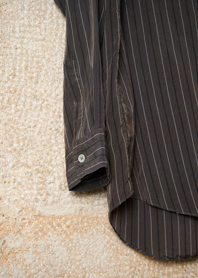 HOMME PLUS BROWN GREY STRIPED TWO POCKETS RAYON SHIRT 1980'S - LARGE