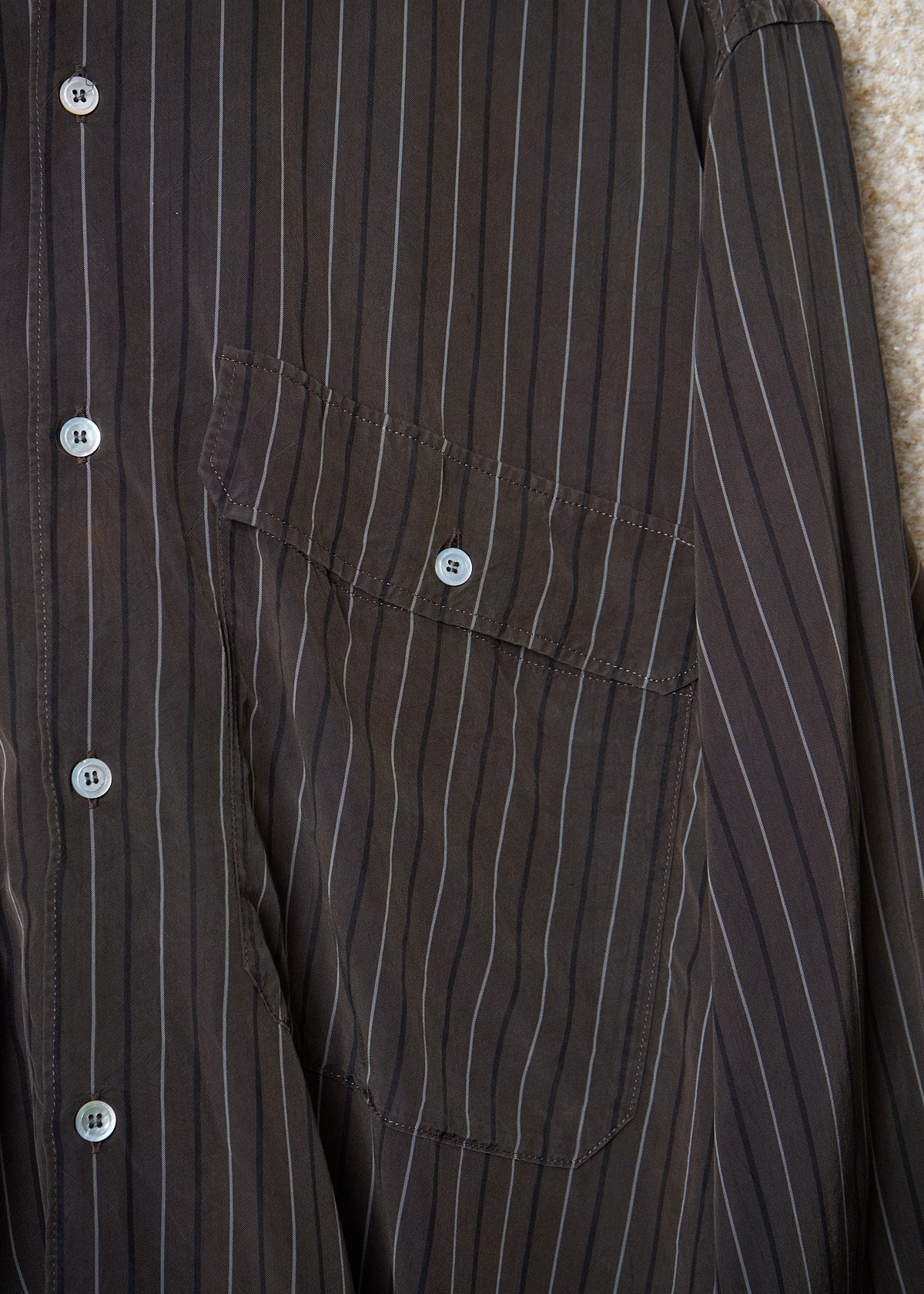 HOMME PLUS BROWN GREY STRIPED TWO POCKETS RAYON SHIRT 1980'S - LARGE