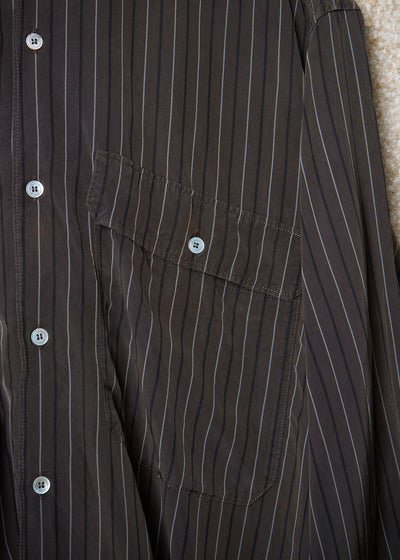 HOMME PLUS BROWN GREY STRIPED TWO POCKETS RAYON SHIRT 1980'S - LARGE
