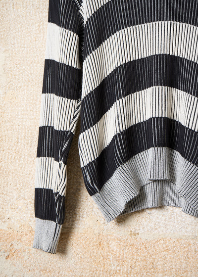 Black And White Striped Cotton Crewnkeck Jumper 1980's - Large